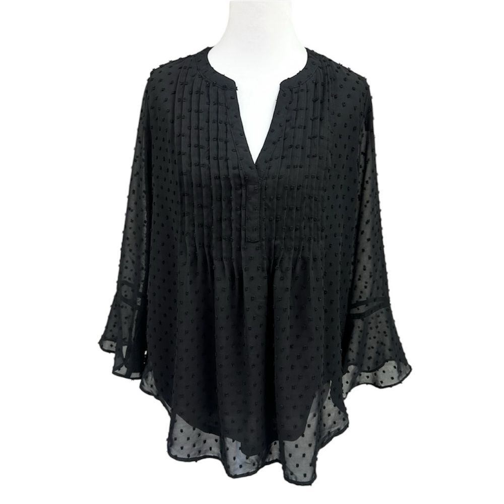 Style & Co Swiss Dot Textured Pintuck Ruffle Sleeve Top Sheer Sz M Petite